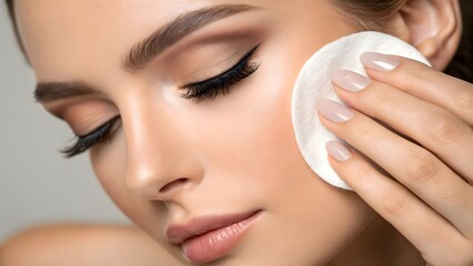 Removing Eye Makeup with Cotton Pad Close-Up. Close-up of eyes being cleansed of makeup using cotton pad, silky textures and soft natural tones.