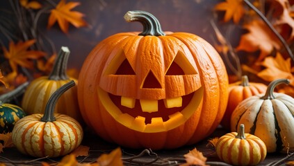 Fototapeta premium Glowing jack o lantern with smile 