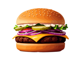 Illustrated burger with sesame seed bun, beef patty, cheese, red onion, pickles, lettuce, and mayonnaise on a white background.
