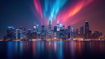 Fototapeta premium City of Lights Rising Beneath the Neon Aurora of Dreams
