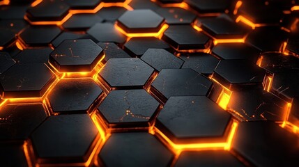 Close-up of dark hexagonal tiles illuminated by glowing orange light from gaps and cracks, creating a futuristic and intense atmosphere