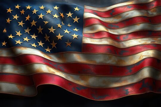 Worn and rusted American flag with irregular star pattern waving in the dark - Powered by Adobe