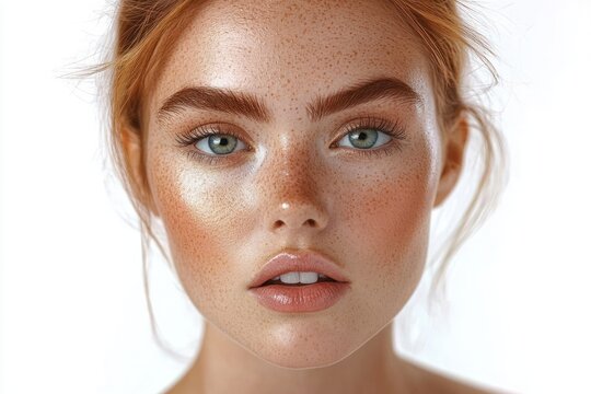 Close-up portrait of a young woman with red hair, green eyes, natural freckles, dewy glowing skin, and slightly parted lips, expressing calm confidence
