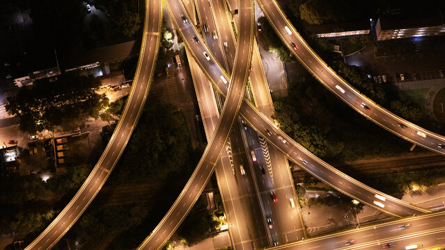 Aerial photography of night scenes of urban roads