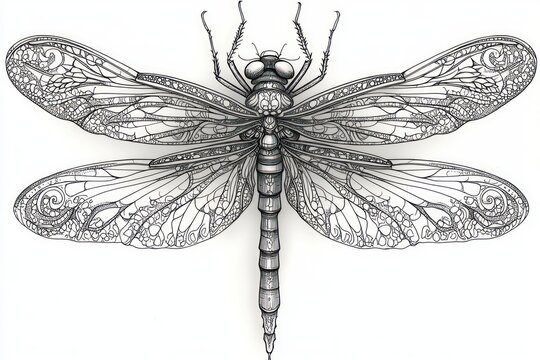 Highly detailed black and white artistic illustration of a dragonfly showcasing intricate wing patterns and segmented body structure in symmetrical design