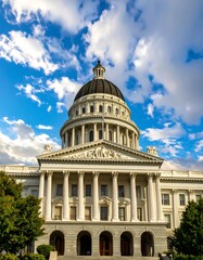 A stately government building with a prominent dome, classical columns, and a bright sky