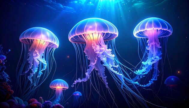 Bioluminescent jellyfish in deep ocean