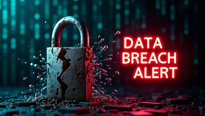 A cracked padlock with data breach alert text glowing, illustrating cybersecurity threats in a digital realm.