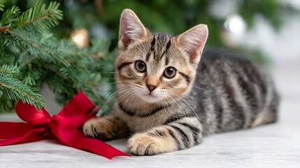 Fototapeta premium Tabby kitten observing christmas tree with red bow