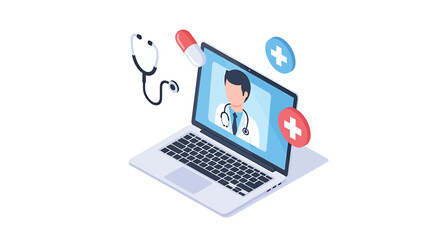 Isometric Telehealth Doctor Consultation vector Illustration on Laptop Screen, highlighting digital healthcare and online medical services.