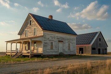 Obraz premium Weathered Farmhouse and Barn with Solar Panels Under Cloudy Sky rural countryside