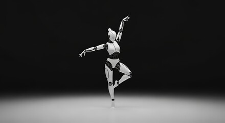 Elegant humanoid robot gracefully performing ballet plié in a minimalist studio, showcasing futuristic technology and artistic expression.