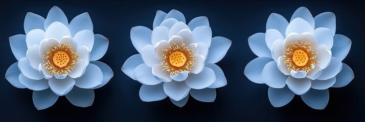 Three pale blue lotus flowers on dark background