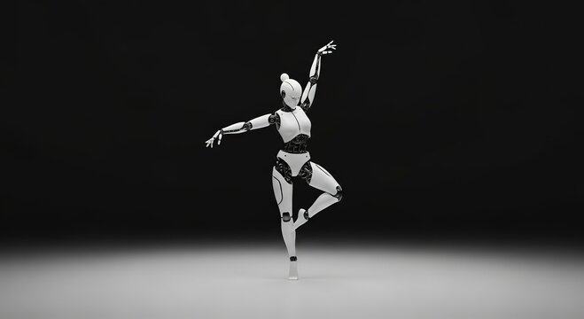 Elegant humanoid robot gracefully performing ballet pli&eacute; in a minimalist studio, showcasing futuristic technology and artistic expression.