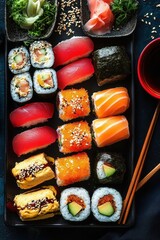 Assorted colorful sushi platter with various nigiri and maki rolls including tuna, salmon, egg, avocado, and fish roe, accompanied by soy sauce, ginger, and wasabi for a fresh and vibrant meal