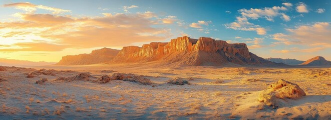 Expansive desert landscape with towering orange sandstone cliffs bathed in warm golden sunlight under a partly cloudy blue sky
