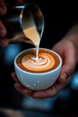 Close-up of hands pouring steamed milk into a cup of coffee creating latte art in a warm, inviting atmosphere