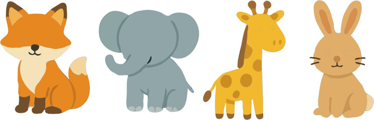 Obraz premium A charming collection of cute cartoon animals including a fox, elephant, giraffe, and rabbit, isolated on a white background.