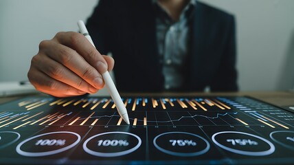 Business professional analyzes financial data on a tablet using a digital stylus exploring complex charts and graphs