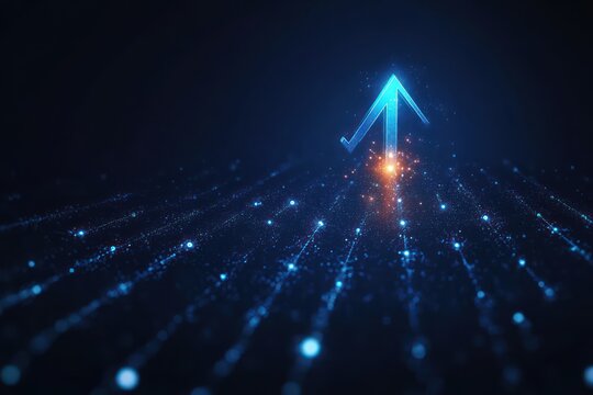 Glowing blue arrow pointing upward with digital glowing particles on a dark futuristic background symbolizing progress and growth - Powered by Adobe
