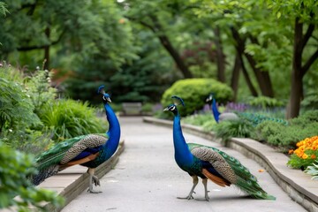 Peacocks walking on path in green park
