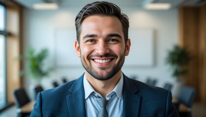 A handsome businessman with a confident smile, standing in a bright, modern conference room, ready for a productive meeting.