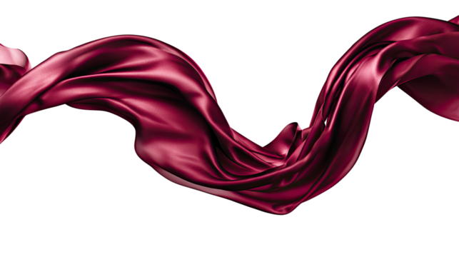 Deep maroon silk fabric flows in elegant curves against a transparent background