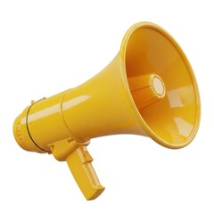 Bright yellow megaphone device for amplifying sound and public announcements isolated on white background