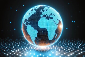 Digital glowing globe with a wireframe world map floating above a network grid emitting blue and orange light, futuristic technology concept