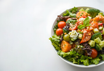 A vibrant, colorful salad with fresh vegetables in a sleek white bowl, perfect for a healthy lifestyle.