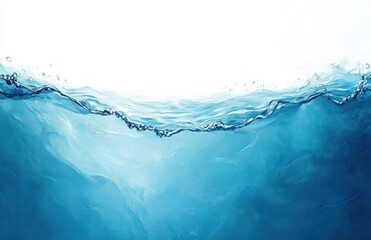 Close-up view of clear blue water surface with small splashes and bubbles under bright light on white background