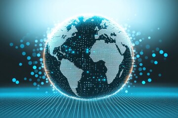 Digital glowing globe with illuminated continents resembling Earth surrounded by floating light particles on a dark blue background, conveying a sense of connectivity and technology
