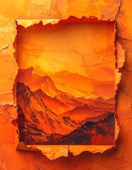 Orange mountain landscape framed by torn paper