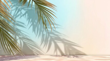A serene tropical beach scene featuring the shadow of palm fronds cast upon a sandy shore under a gradient sky.