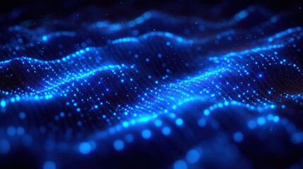 Glowing blue digital wave pattern with flowing dots and lines creating a futuristic and dynamic technology-inspired effect