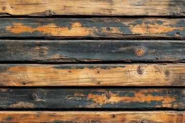 close-up of weathered wooden planks with peeling dark paint revealing natural wood underneath, showing rustic texture and aged character