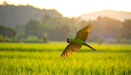 Colorful parrot in flight over a golden field at sunrise