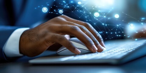 Close-up of person's hands working on a computer with overlayed digital network