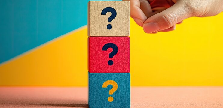 Wooden blocks with question marks, stacked high. A hand places a block on top - Powered by Adobe