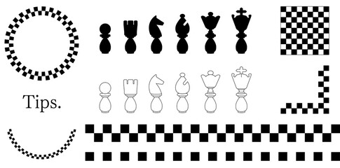 チェスの駒とチェスボードのアイコン。モノクロのイラストセット