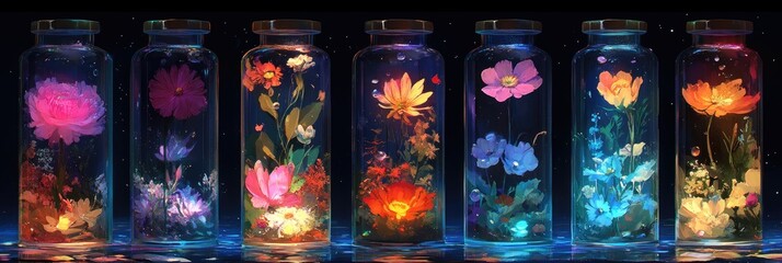 Colorful flowers in glowing glass jars (1)