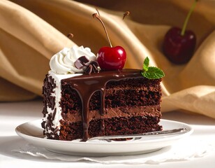 Scrumptious Chocolate Cake Slice with Cherries and Drizzle