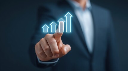 Business Growth Concept with Hand Pointing at Rising Arrows in a Suit, Symbolizing Success, Progress, and Market Expansion Strategies