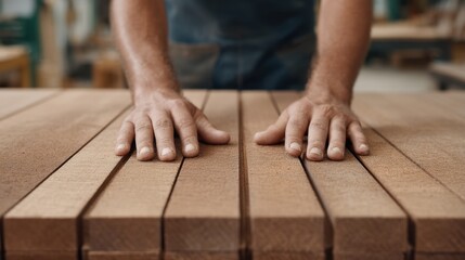 Close-up of Hands Resting on Raw Wooden Planks in Workshop Environment, Highlighting Craftsmanship and Woodworking Techniques in Natural Lighting