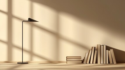 Obraz premium A modern minimalistic room featuring books and a floor lamp