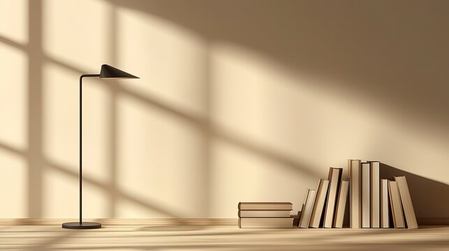 A modern minimalistic room featuring books and a floor lamp