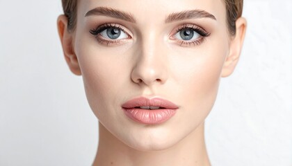 Close-up portrait of a woman with flawless skin and light makeup