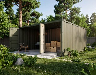 Converted shipping container home in a garden setting