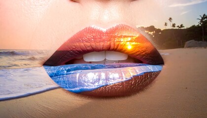 A composite image combines plump lips with a vibrant sunset beach scene, creating an eye-catching visual illusion