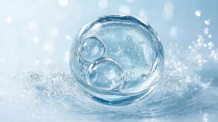 A close-up of a transparent, spherical object with internal bubbles, set against a soft, glowing blue background with scattered light reflections.